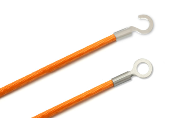 Cordons en caoutchouc avec cosses, fermés et ouverts, orange