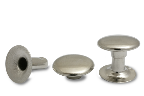 Rivets creux doubles, tête de 9 mm de diamètre, base ouverte, nickelés